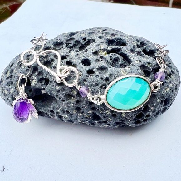 Natural Teal Chalcedony Amethyst Bracelet with Leaf Charm Solid Sterling Silver - Picture 3 of 7